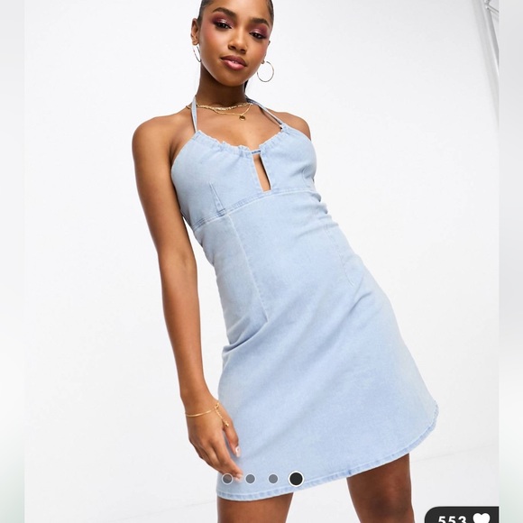 ASOS Pieces Denim Halter Mini Dress - Picture 2 of 4